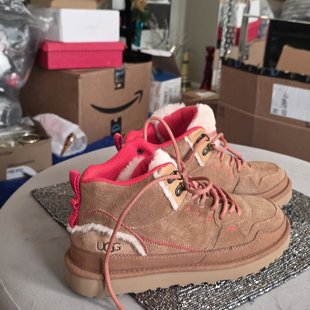 UGG Tan Suede Boots with Pink Accents
